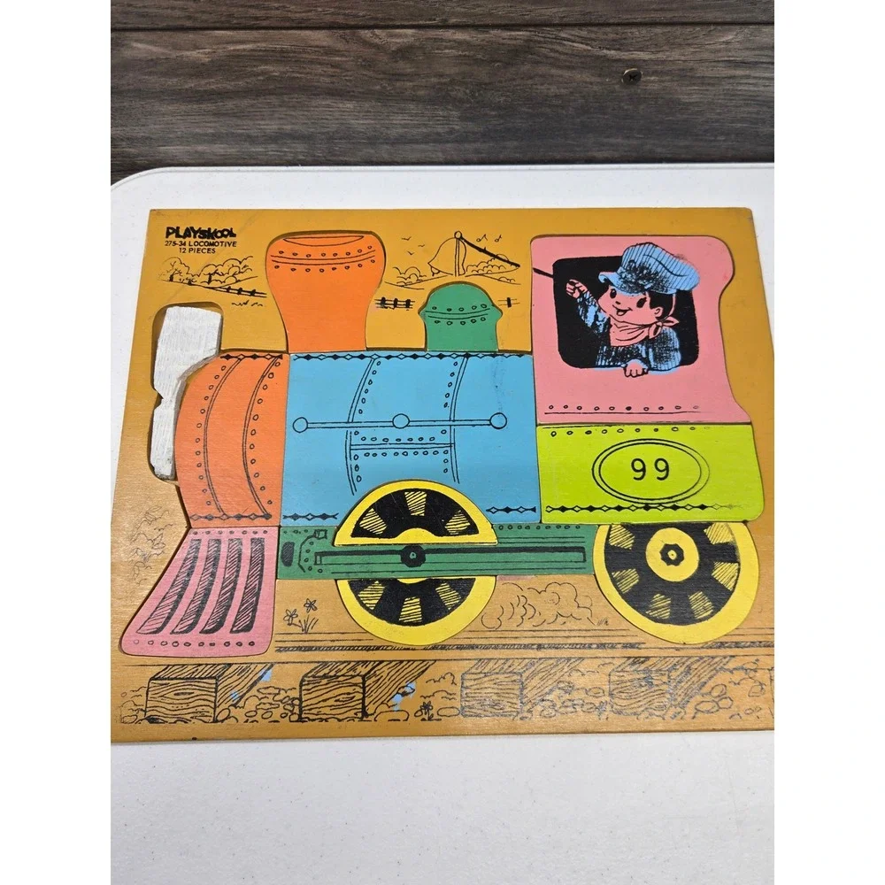 Vintage Playskool 275-34 Locomotive Wooden Puzzle 12 Pieces Train Conductor 99